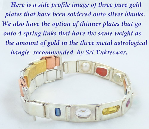 Navaratna nine gem bangle with gold plates in the same weight as the three metal astrological bangle as recommended by Swami Sri Yukteswar