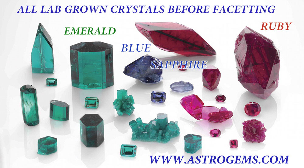 Samples of laboratory grown emerald, blue sapphire and ruby.