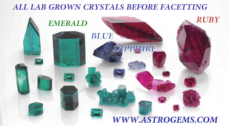 Examples of laboratory grown emerald, ruby and blue sapphire crystals.