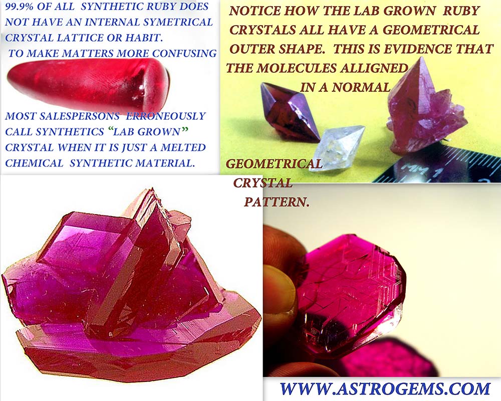 Comparison of laboratory grown crystals to synthetic crystals. Laboratory grown crystals have a geometric pattern whereas synthetic do not.