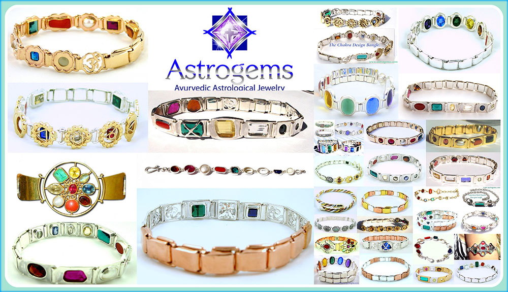 Collage of various different styles of navaratnas, multi gemstone bangles made by Astrogems in Encinitas, California