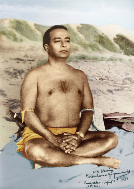 paramahansa yogananda meditating wearing astrological banges